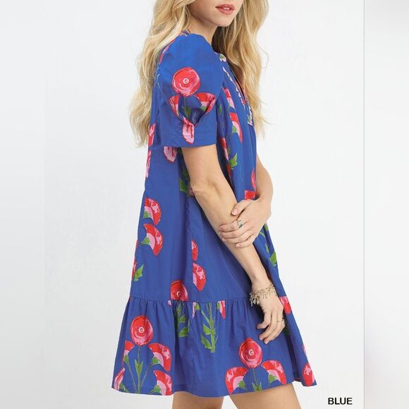 Umgee Floral Print Puff Sleeve A-Line Dress Royal Blue Pink Roses  Sz Medium - Picture 3 of 4
